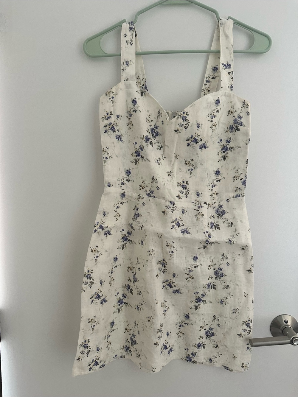 Reformation White Mini Dress with Blue Floral Print